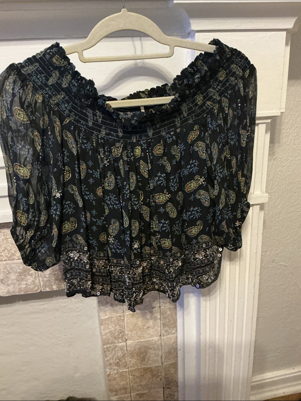 Free People Black Paisley top with Sequin Trim